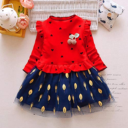 YWLINK Vestido NiñAs Manga Larga Hoja Malla Costura Vestido Amor Falda Mezcla De AlgodóN Moda Casual CóModo Falda Princesa Fiesta Regalo De CumpleañOs Dia De Miembro Ropa(Rojo,3-4 años/120)