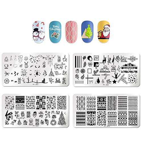 yyuezhi Navidad Nail Art Stamp Plates Estampado de Uñas Plantillas Nail Art Plantilla De Estampado De Uñas Rectangular Navidad Nail Image Stamping Estampado de Uñas de Navidad de Metal 4 Piezas
