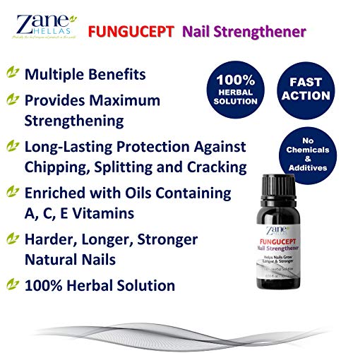 Zane Hellas Fungucept Nail Strengthener - Fortalecedor de uñas Promueve el crecimiento de las uñas para uñas débiles, delgadas, agrietadas y peladas. Solución herbaria. 0.33 oz. - 10ml