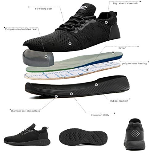 Zapatos de Seguridad para Hombre Trabajo con Punta de Acero, Zapatillas Deportivas al Aire Libre Moda Resistentes Deslizamiento Ligeras y Transpirables Suela Blanda Negro Yvelands(48)