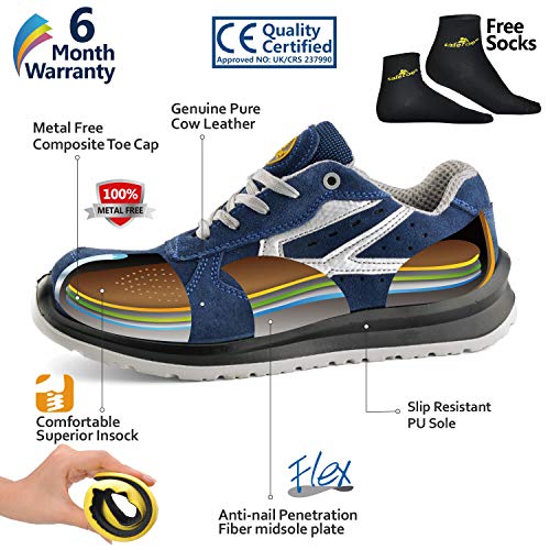Zapatos de Seguridad para Hombres con Puntera de Fibra de Vidrio - SAFETOE 7328 Zapatillas Ultra-Ligeras Azul (Talla 44, Azul)