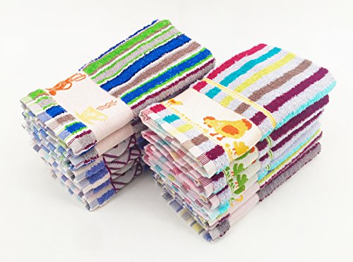 ZD Paños de Cocina RIZO 100% Algodón Multicolor Rayas Con Dibujo Bordado Pack 12 Toallas de Cocina