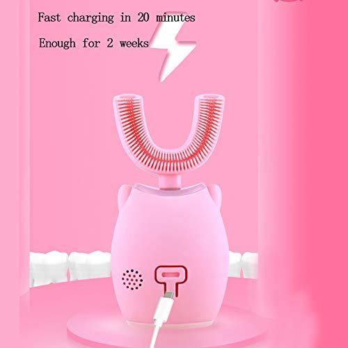ZHANGXJ Cepillo de Dientes Eléctrico Forma U, 20 Minutos de Carga 360° Ultrasónico Automático Cepillo de Dientes Impermeable con Cargador USB, Niños de 3 a 12 Años,Rosado
