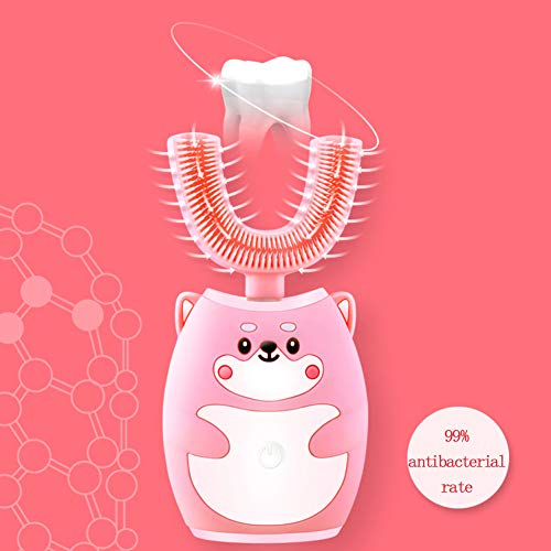 ZHANGXJ Cepillo de Dientes Eléctrico Forma U, 20 Minutos de Carga 360° Ultrasónico Automático Cepillo de Dientes Impermeable con Cargador USB, Niños de 3 a 12 Años,Rosado