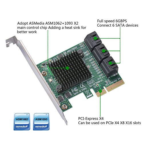 Ziyituod Tarjeta SATA de 6 Puertos con 6 Cables SATA,Non Raid, Controlador SATA de 6 Gbps, Tarjeta de expresión PCIe Express con Soporte de Perfil bajo, Compatible con 6 Dispositivos SATA 3.0(SA3006)