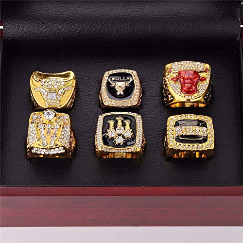 ZJL Europa Y América Anillos de Hombres, Juego de 6 Europa Y América Replica Del Campeonato de Bulls de la Nba Anillo de Colección de Acero Inoxidable Retro Tamaños 11 Coleccionables
