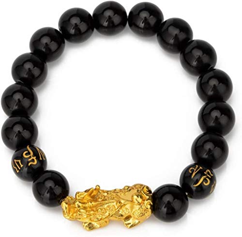 ZKZKK Pulsera Riqueza, Riqueza Pulsera, de 10 mm de Fengshui Porsperity Negro Bolas Pulsera de Oro con Pi Xiu/Pi Yao atraer abundancia y Buena Suerte Puede traer Suerte y Prosperidad (Color : S)