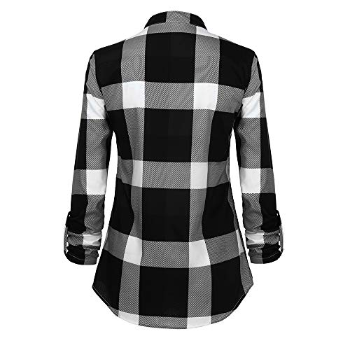 ZODOF Mujer Camiseta Roll Up Manga Larga con Cuello en V botón de Tela Escocesa impresión Bolsillo Blusa Top Camisetas Manga Larga Solapa Camisa,Chica Casual Blusa Solapa Camisetas