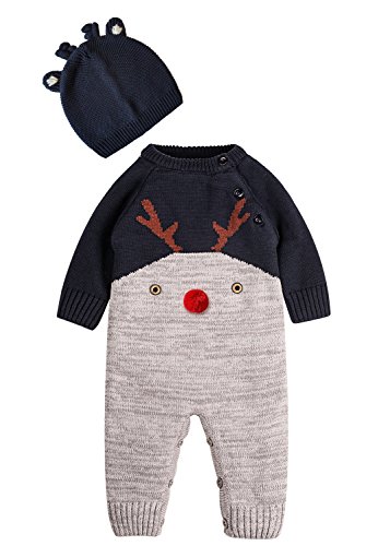ZOEREA Bebé Niñas Niños Mameluco Navidad Mono Algodón Conjunto de Ropa con Gorra Manga Larga de Ciervo Hecho Punto Cálido Suéter Onesie