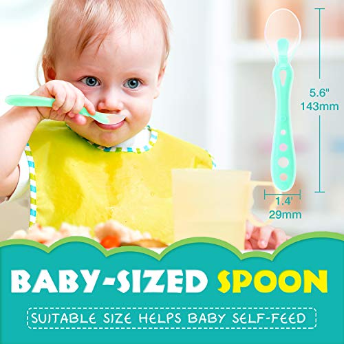 Zooawa Set de Cuchara para Bebe, 2 Piezas Cucharillas de Silicona para Bebé Mayores que 4 Meces, Cucharas de Alimentación de la Primera Etapa para Bebé, Cubierta Cuchillería Bebés, Azul & Verde
