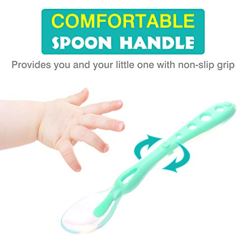 Zooawa Set de Cuchara para Bebe, 2 Piezas Cucharillas de Silicona para Bebé Mayores que 4 Meces, Cucharas de Alimentación de la Primera Etapa para Bebé, Cubierta Cuchillería Bebés, Azul & Verde