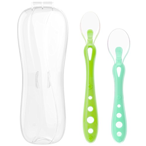 Zooawa Set de Cuchara para Bebe, 2 Piezas Cucharillas de Silicona para Bebé Mayores que 4 Meces, Cucharas de Alimentación de la Primera Etapa para Bebé, Cubierta Cuchillería Bebés, Azul & Verde