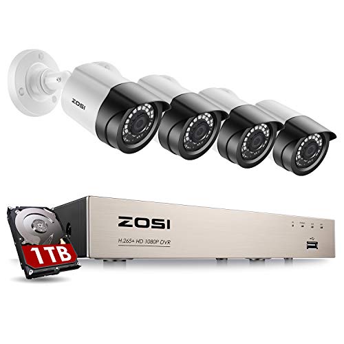 ZOSI 1080P Sistema de Cámaras de Vigilancia InZOSI 1080P Kit de Cámaras de Seguridad 8CH H.265+ Grabador DVR + (4) Cámara de Vigilancia Exterior, 1TB Disco Duro, 20m Visión Nocturna, Acceso Remoto