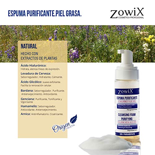 ZOWIX Limpiador facial en espuma para PIEL GRASA. Desmaquillante ojos, cara y cuello. Foam Natural con Ácido Hialurónico. SIN PARABENOS. Con activos vegetales. Ideal Veganos. 150ml
