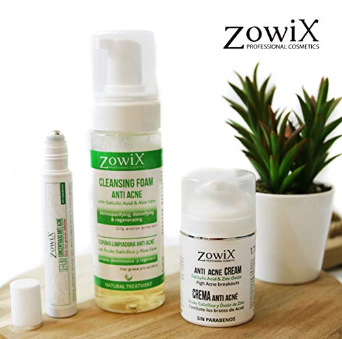 Zowix. Tratamiento Antiacne. Pack completo contra el Acne facial, con Espuma de limpieza, Serum intensivo y Crema. Elimina granos, espinillas y puntos negros de forma natural.