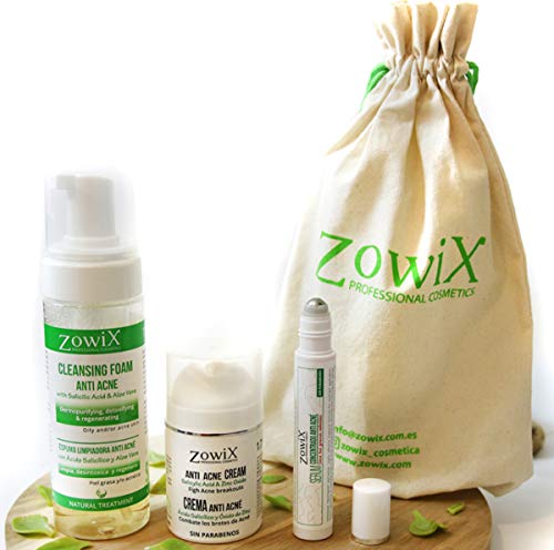 Zowix. Tratamiento Antiacne. Pack completo contra el Acne facial, con Espuma de limpieza, Serum intensivo y Crema. Elimina granos, espinillas y puntos negros de forma natural.