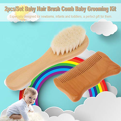 zroven 2 unids/set Cepillo de Pelo de Bebé Peine Lana Natural Cepillo de Pelo de Madera Recién Nacido Peine Infantil Cabeza Masajeador Kit de Aseo de Bebé