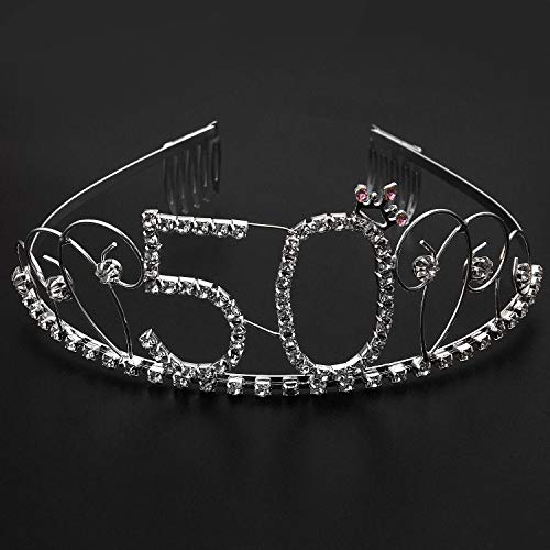 ZWOOS Cristal Cumpleaños Corona Princesa Feliz Cumpleaños de Número 50 Accesorios con Peine Faja de Cumpleaños para Suministros para Fiestas de Feliz cumpleaños, Favores, Decoraciones