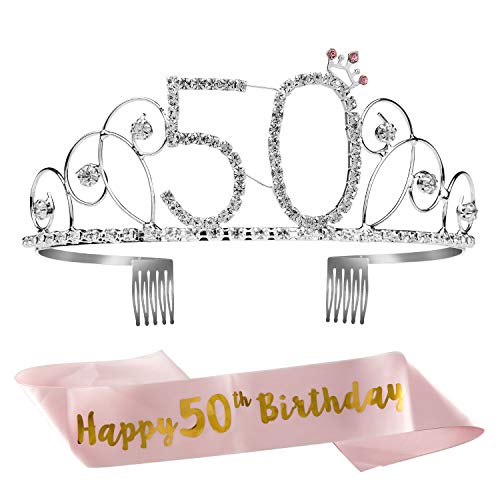 ZWOOS Cristal Cumpleaños Corona Princesa Feliz Cumpleaños de Número 50 Accesorios con Peine Faja de Cumpleaños para Suministros para Fiestas de Feliz cumpleaños, Favores, Decoraciones