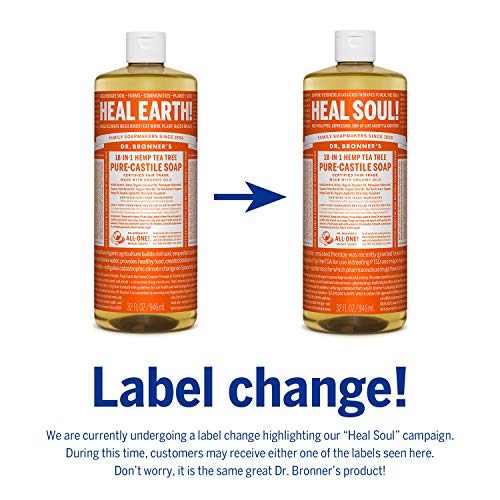 - Jabón mágico puro de Castilla del Dr. Bronner, 18 usos en 1, árbol del té de cáñamo, botella de 946 ml.