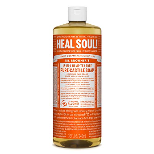 - Jabón mágico puro de Castilla del Dr. Bronner, 18 usos en 1, árbol del té de cáñamo, botella de 946 ml.