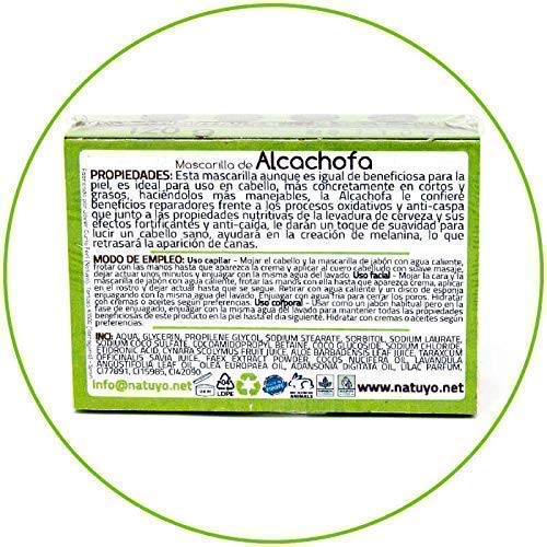 - Mascarilla de jabón NATUYO fortalecedora del cabello de ALCACHOFA.- Lo hace más manejable, lo repara y fortalece su crecimiento. Para cabellos cortos y grasos. Es anti-caspa.
