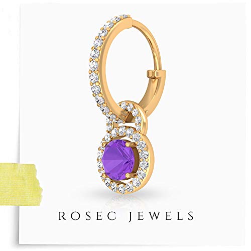 0,8 ct amatista moissanita GH-VS1 gota pendiente, gema pequeña pendiente de aro, Halo Moissanite IDCL cetified Huggie pendiente, 10K Oro amarillo, Única pieza