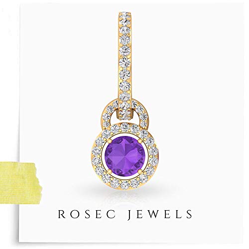 0,8 ct amatista moissanita GH-VS1 gota pendiente, gema pequeña pendiente de aro, Halo Moissanite IDCL cetified Huggie pendiente, 10K Oro amarillo, Única pieza