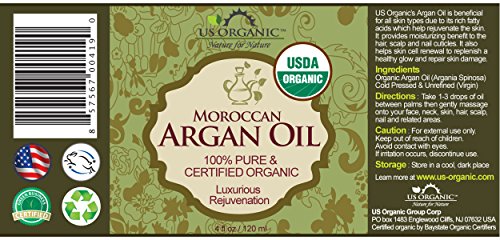 #1 Organic Moroccan Argan Oil ★ USDA Certified Organic,100% Pure & Natural ★ Cold Pressed Virgin, Unrefined ★ Amber Glass Bottle w/ Glass Eye Dropper for Easy Application ★ US Organic ★ (4 oz (120ml)) by US Organic