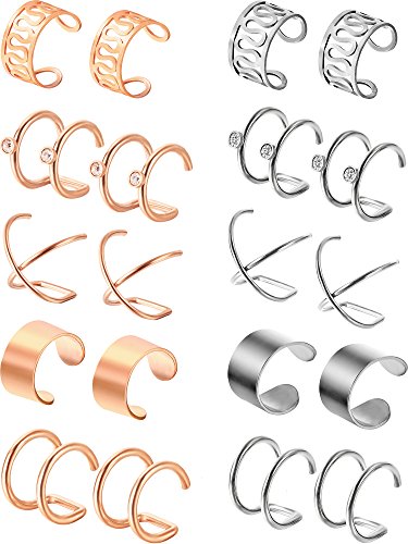 10 Pares de Clips de Cartílago Hélice Puño de Oreja de Acero Inoxidable Pendientes de Cartílago sin Agujero para Materiales de Mujeres Chicas, 5 Estilos (Acero y Dorado Rosado)