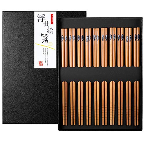 10 Pares Palillos de Bambu Japoneses Chopsticks Reutilizables Lavable con Caja de Regalo Negra para Sushi Cocina Asiática, Pescado