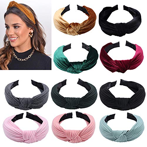 10 piezas Diademas de nudo de punto de terciopelo, Banda elástica de pelo ancho Turbante Cinta antideslizante Diademas anudadas para mujer Chica
