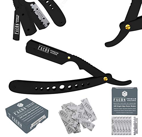 100 Cuchillas + Facón Profesional Clásico Borde Recto Barbero Navaja Afeitar - Precisa Shave Prima Calidad - incl. Guía de Instrucciones Paso a Paso
