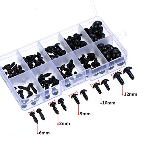100 Piezas 6 a 12 mm Ojos de Seguridad de Plástico Ojos Sólidos Negros con Arandelas para Oso de Peluche, Oso, Muñeca, Marioneta y Manualidades