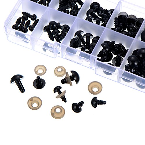 100 Piezas 6 a 12 mm Ojos de Seguridad de Plástico Ojos Sólidos Negros con Arandelas para Oso de Peluche, Oso, Muñeca, Marioneta y Manualidades