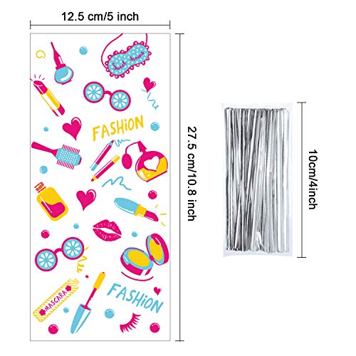 100 Piezas Bolsas de Dulces de Cumpleaños de Maquillaje Spa de Niños Bolsa de Papel Celofán de Plástico Transparente con 100 Precintos Plateados para Niñas Decoración de Fiesta