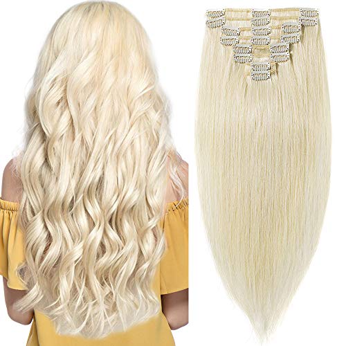 10"(25cm) Extensiones de Cabello Natural Clip Pelo Humano #60 Rubio Platino 100% Remy 8 Piezas 18 Clips Pelucas Postizos Naturales para Mujer Invisibles Lisas Cortas (70g)