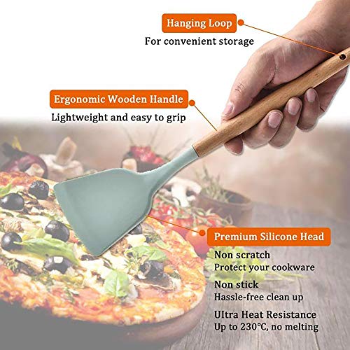 11 Piezas Utensilios Cocina de Silicona,Resistentes Al Calor Espátulas de Cocina Antiadherente con Mango de Madera, Cuchara sin BPA (verde)