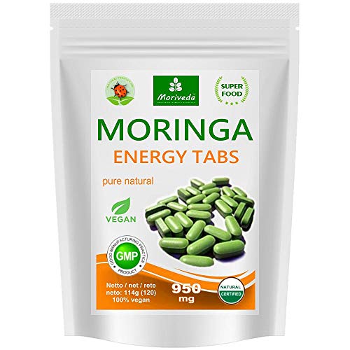120 Moringa Energia Tabs 950mg o Moringa cápsulas 600mg - Oleifera, vegetariano, Producto de calidad de MoriVeda (1x120 tabs)