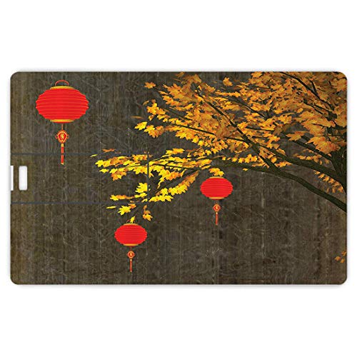 128G Unidades flash USB flash Conjunto de linterna Forma de tarjeta de crédito bancaria Clave comercial U Disco de almacenamiento Memory Stick Cae el árbol con las linternas escarlatas Dramático sombr