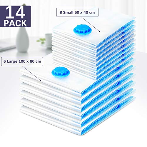 [14 Piezas] Bolsas de Almacenaje al Vacío, 80x100 cm (6 ud)+40x60cm (8 ud) Bolsas de Vacio Ahorro de Espacio Almacenaje al Vacío Para Guardar Ropa, Ropa de Cama, Edredones, Almohadas, Mantas, Cortinas