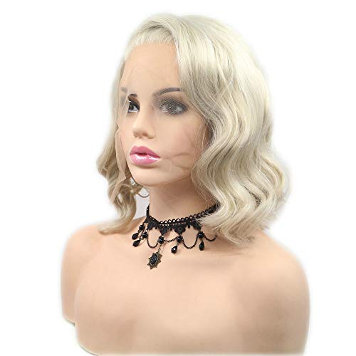 14 pulgadas corto Bob onda peluca resistente al calor Fibra del pelo del frente del cordón pelucas para las mujeres señoras verano nuevo peinado de repuesto del pelo humano impecable línea