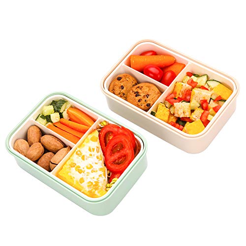 1400ml Caja de Almuerzo de Plástico Verde, Caja de Bento con 3 Compartimentos y Cubiertos (Tenedor y Cuchara), Fiambreras Caja de Alimentos Ideal para Almuerzo y Bocadillos para Niños y Adultos