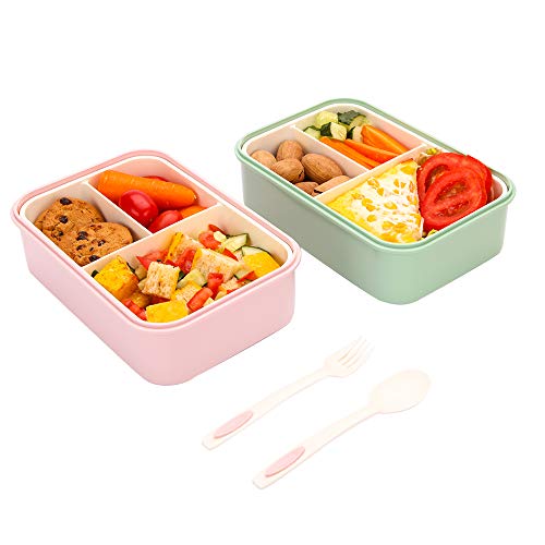1400ml Caja de Almuerzo de Plástico Verde, Caja de Bento con 3 Compartimentos y Cubiertos (Tenedor y Cuchara), Fiambreras Caja de Alimentos Ideal para Almuerzo y Bocadillos para Niños y Adultos