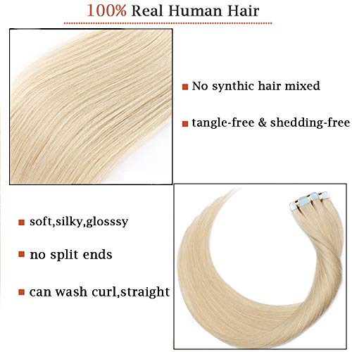 14"(35cm) SEGO Extensiones Adhesivas de Cabello Natural VOLUMEN FINO [1.5g*20PCS] #60 Rubio Platino Pelo Humano 100% Remy sin Clip Tape in Hair (30g)
