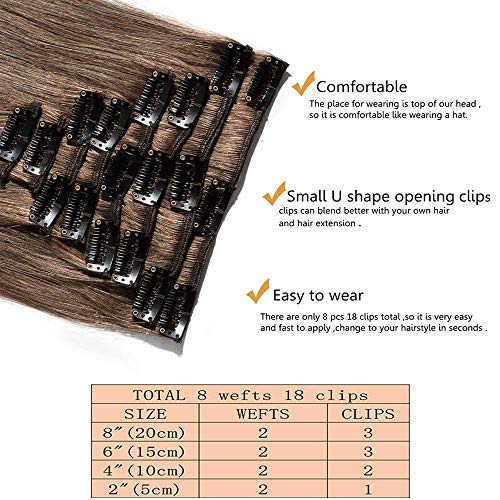 14"(35cm) SEGO Extensiones de Clip de Pelo Natural [8 PCS 18 CLIPS] #6 Castaño Claro 100% Remy Cabello Humano Postizos Pelucas Lisas para Mujer (60g)
