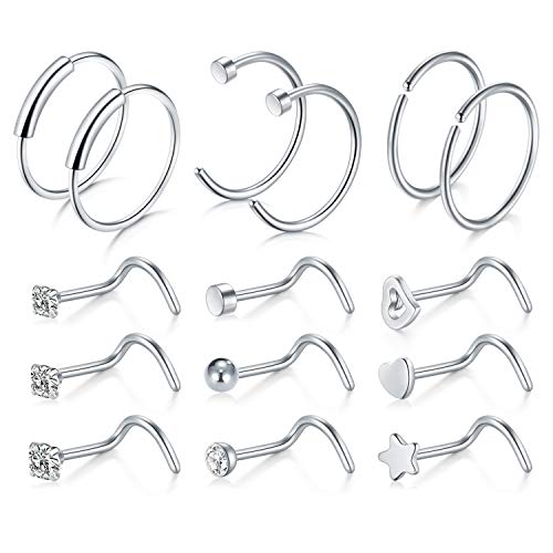 15 Piezas 20G Acero inoxidable Piercing Nariz Anillo Piercing Falso Piercing Labio Mujer Hombre Piercing Joyería - Plata