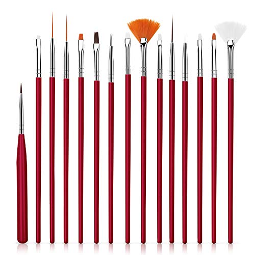 15 pinceles de acrílico para decoración de uñas para bricolaje y uso profesional (rojo rosa)