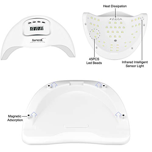 150W LED UV lámpara de uñas, Secador de uñas AsperX Kit de luz de esmalte de uñas de gel Detección automática inteligente con temporizador 10/30/60 / 99s