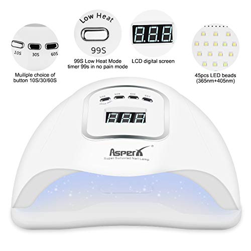 150W LED UV lámpara de uñas, Secador de uñas AsperX Kit de luz de esmalte de uñas de gel Detección automática inteligente con temporizador 10/30/60 / 99s